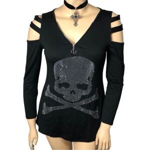 SKULL BONES Crystal Studded Black Silver Caged Long Sleeve Goth Punk Rock Pirate